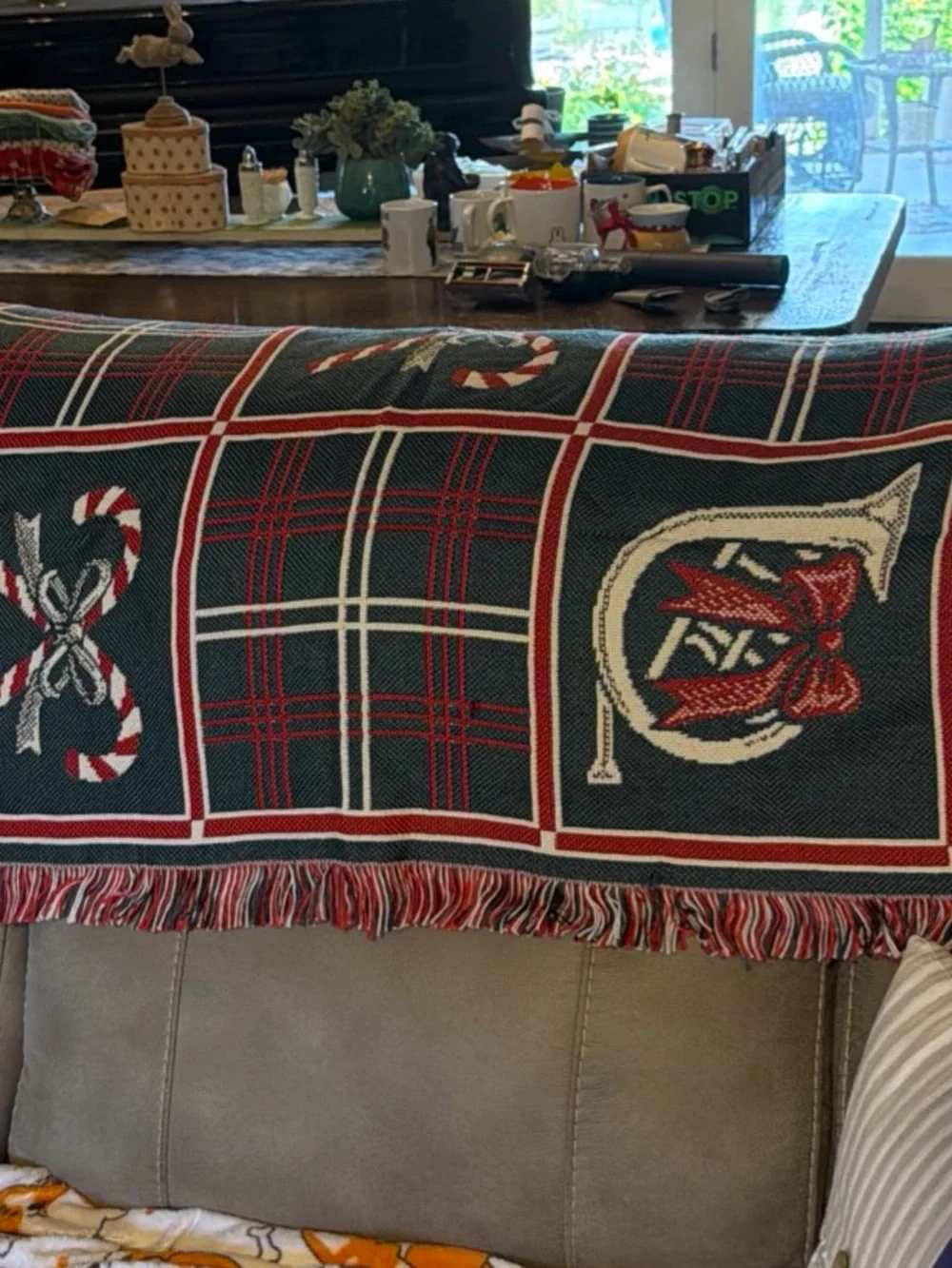 American Weavers Holiday Plaid Throw with Candy Cane & Bow Green, Red, Cream